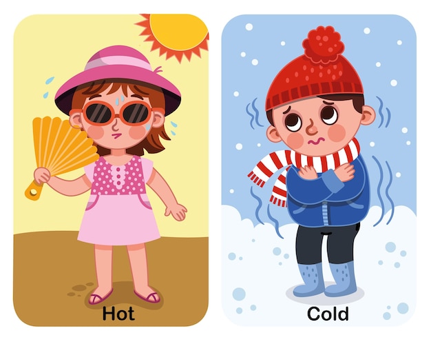 Hot and cold concepts for preschool children. Educational vector illustration.