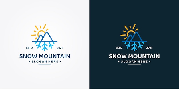 ホットとコールドのシンボル。冒険のロゴ。太陽、山、雪のオールシーズンコンセプトロゴ。プレミアムベクトル