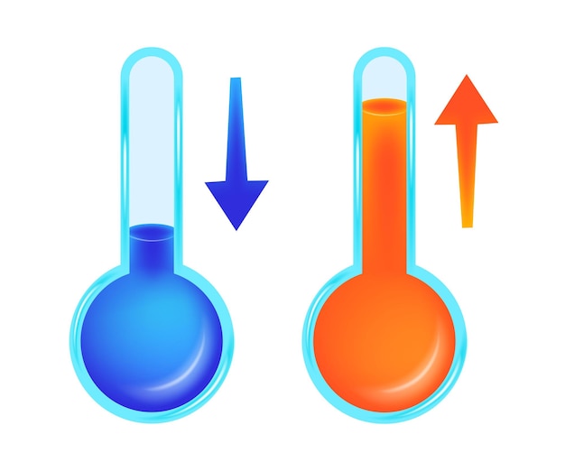 Hot and cold temperature thermometer icons with arrows