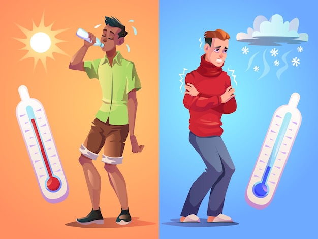 Hot and cold weather contrast weathers types heat and frost man drinks water under scorching sun guy shivering from cold extreme high and low temperature summer and winter vector banner