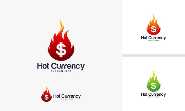 Il logo di valuta calda progetta il vettore di concetto, modello di logo del dollaro di fuoco