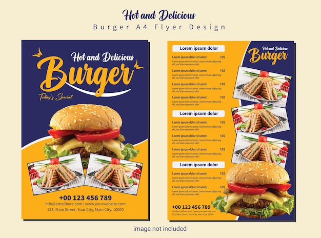 Hot and delicious burger a4 flyer design template. (template di disegno per volantini).