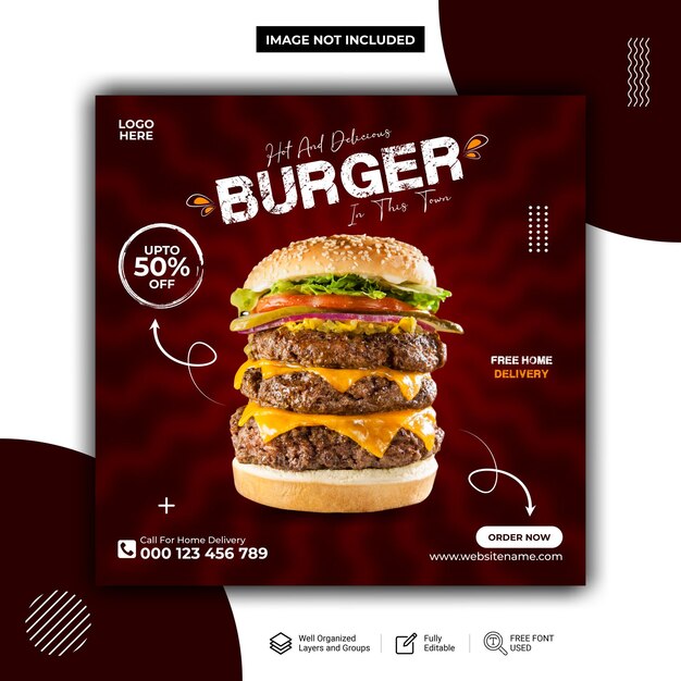 뜨겁고 맛있는 햄버거 디자인 소셜 미디어 게시물 벡터 템플릿
