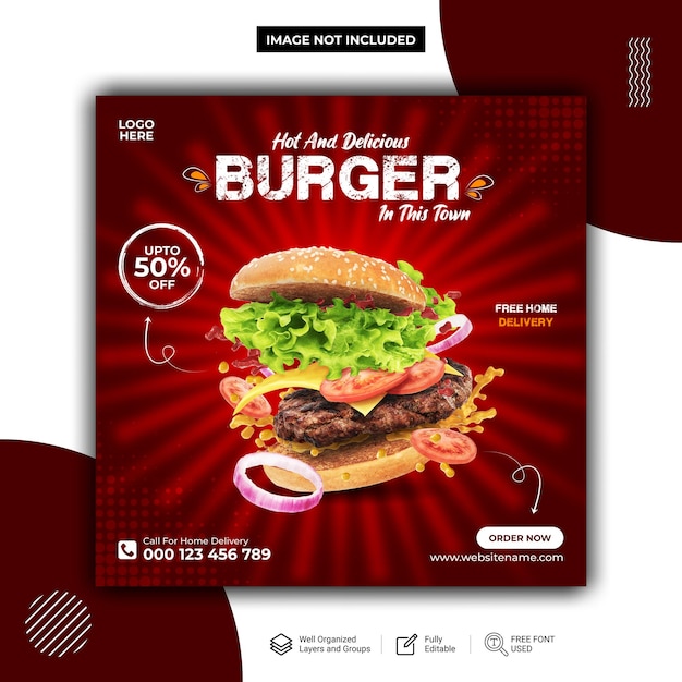 Hot and delicious burger design social media post Vector template