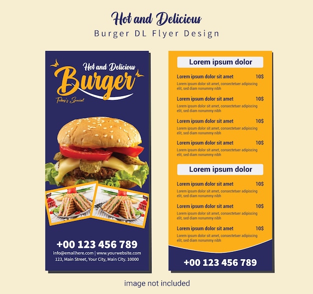 Hot and delicious burger dl flyer design template. (template di disegno di volantini per hamburger caldi e deliziosi)