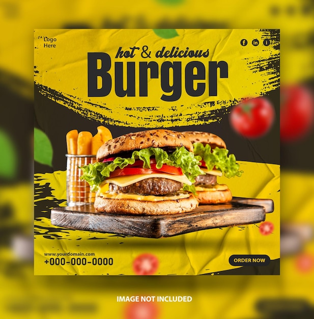 Hot delicious burger social media promotional banner design template