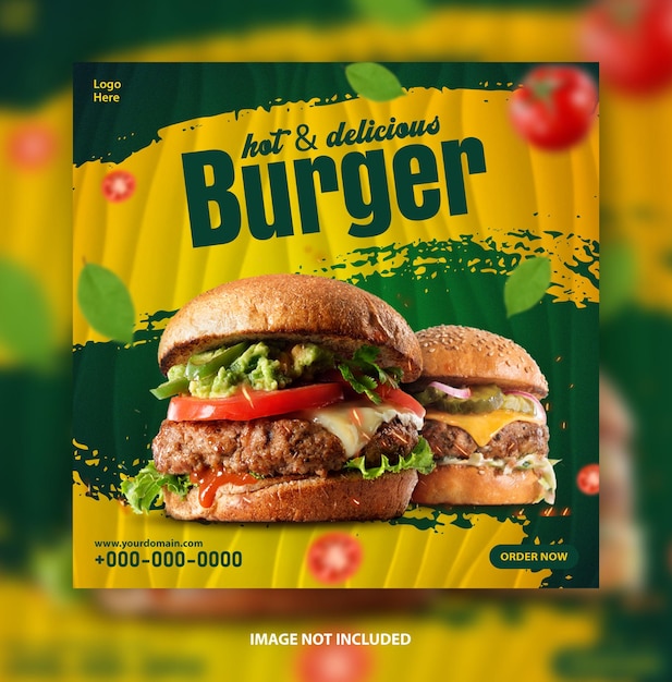 Hot delicious burger social media promotional banner design template