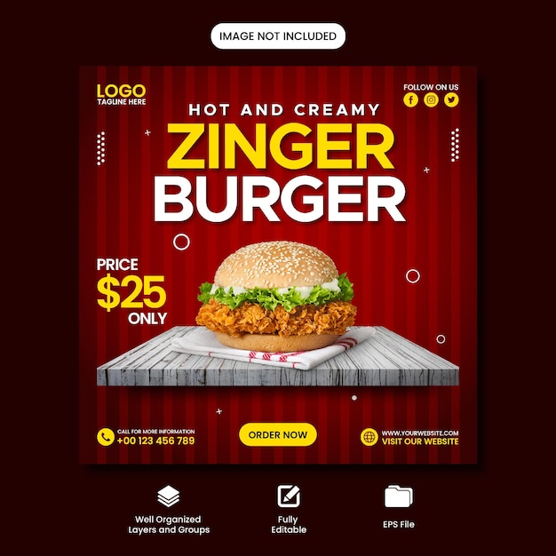 Hot and delicious zinger burger social media post template design