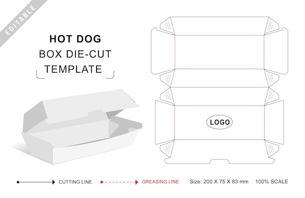 Vector hot dog box die cut template
