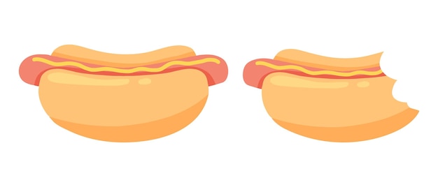 Hot Dog Bun with sausage and mustard Fast food Vector illustration in cartoon style Street food Whole and bitten hot dog