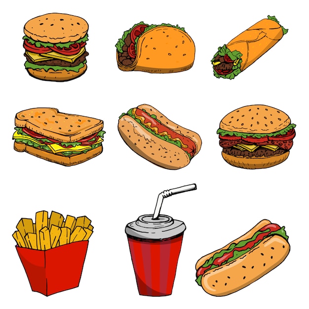 Hot dog, hamburger, taco, sandwich, burrito. insieme delle icone degli alimenti a rapida preparazione su fondo bianco. elementi per logo, etichetta, emblema, segno, marchio.