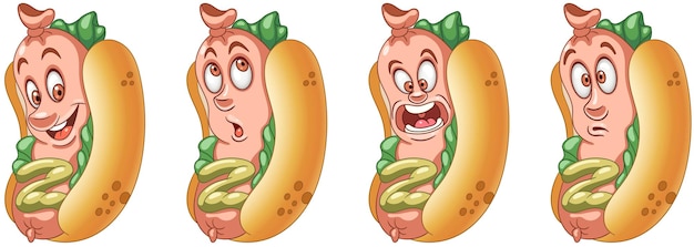 Vector hot dog. cartoon emoji faces. funny food characters.
