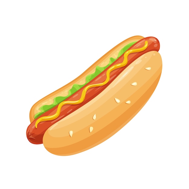 Hot dog cartoon vector icon. Fast food takeaway meal with sausage for menu cafe.