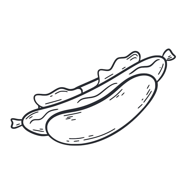 Hot dog doodle illustration bun with sausage ink line clipart traditional american food fast food