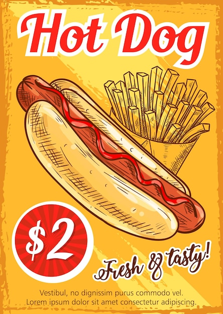 Vector hot dog fast food restaurant retro poster template