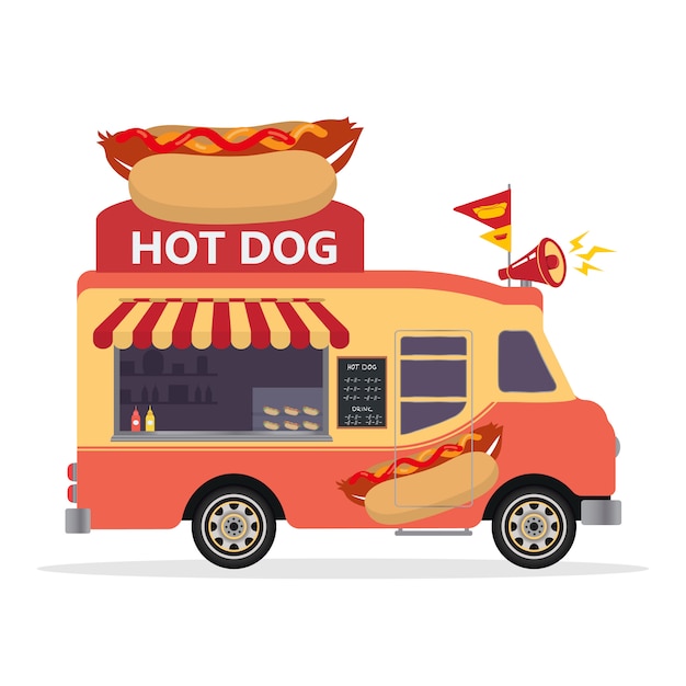 Hot Dog Food Truck. Плоский дизайн иллюстрация