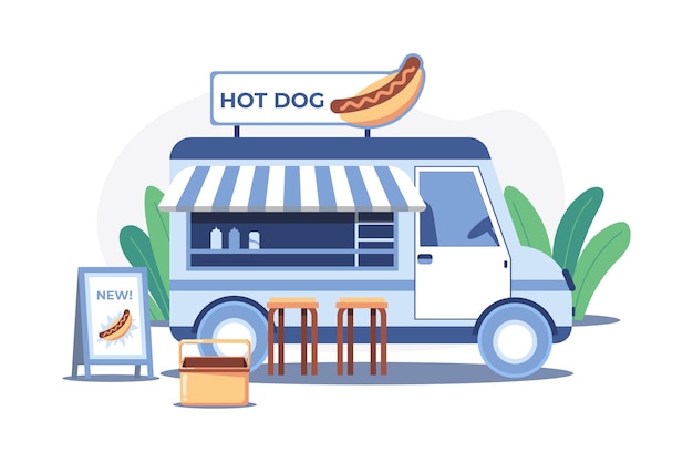 Concetto di illustrazione del camion di cibo per hot dog su sfondo bianco