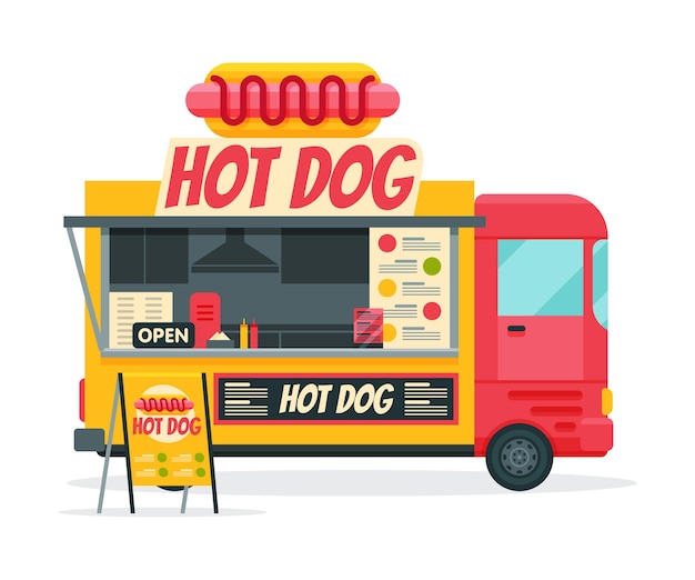 Vector hot dog food truck street meal vehicle fast food delivery vector illustration