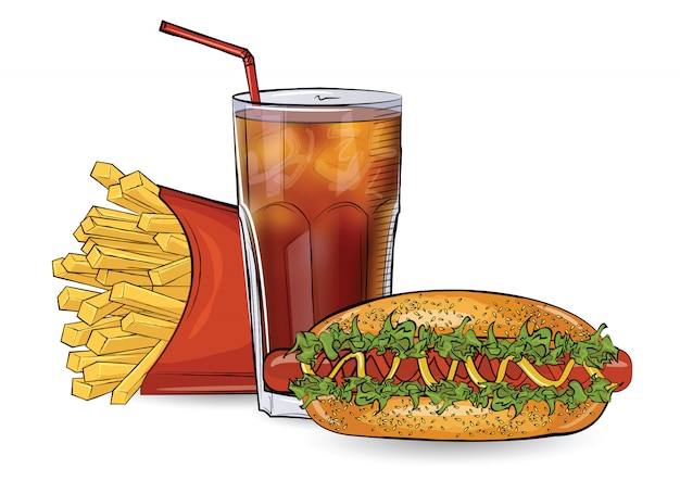 Hot dog, free and drink in the sketch style on the white background.