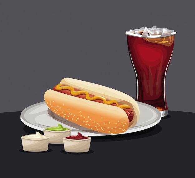 Hot dog bicchiere di cola, senape e ketchup su un piatto