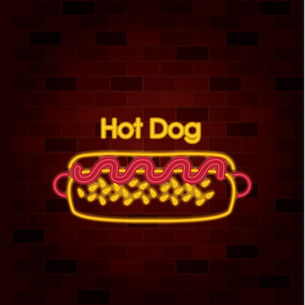 Vector hot dog on neon sign on brick wall