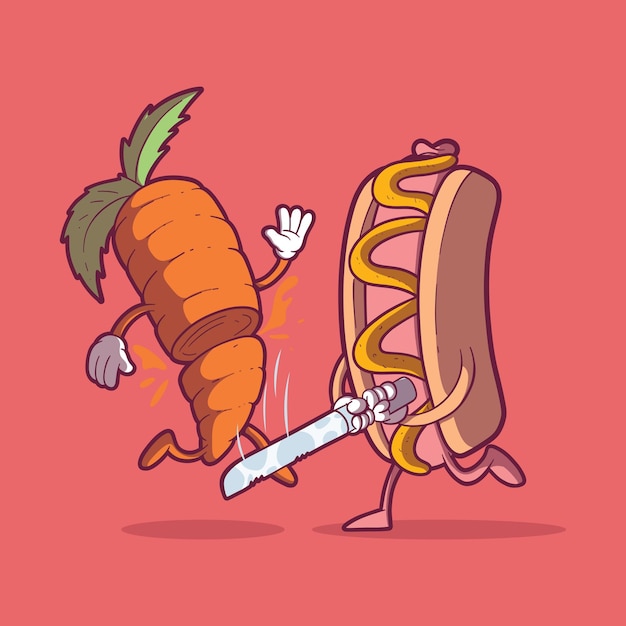 Vector hot dog personage snijden van een wortel met een mes vector illustratie food fast food ontwerp concept