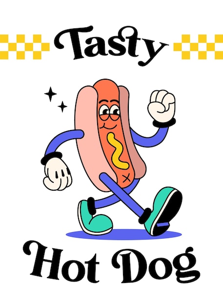 Vettore illustrazione retrò dei cartoni animati di hot dog
