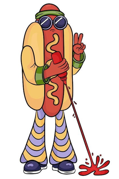 Hot dog retro groovy fast food character Cartoon fun trendy cartoon style 60s 70s Retro vector i