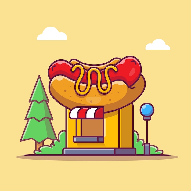 Hot Dog Shop Cartoon   Icon Illustration. Food Shop Building Icon Concept Isolated  . Flat Cartoon Style