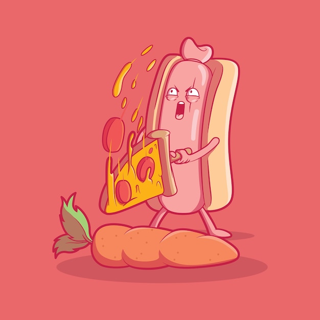 Hot Dog slicing a carrot with pizza slice vector illustration Food funny comic design concept