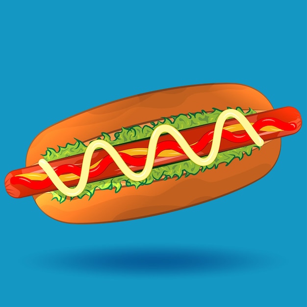 Hot dog teken cartoon stijlicoon met schaduw op blauwe achtergrond vector