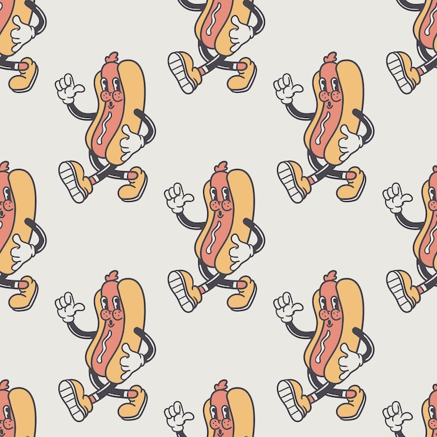 Vector hot dog vintage mascot cartoon character seamless pattern