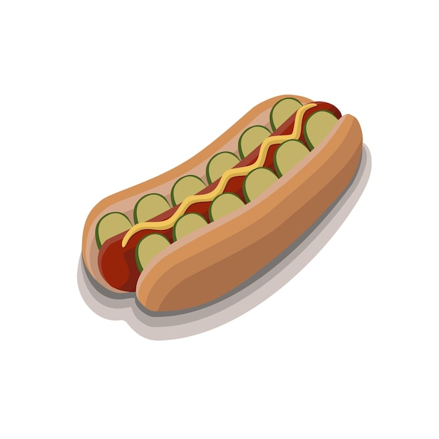 Hot dog with delicious minimalistic sausage mustard cucumbers white background