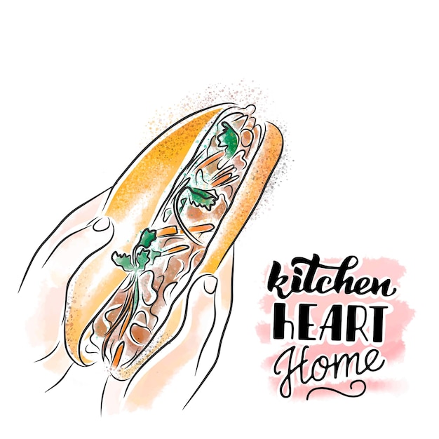 Hot dog with greens and a carrot in his hands lettering watercolor