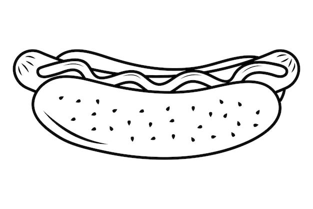 ベクトル マスタード入りホットドッグ ファーストフード線形アイコン アメリカの屋台の食べ物 手描き落書きイラスト