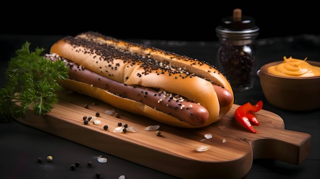 Hot dog with mustard ketchup cucumber and tomato on kitchen wooden board