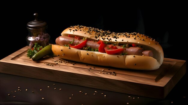 Vector hot dog with mustard ketchup cucumber and tomato on kitchen wooden board