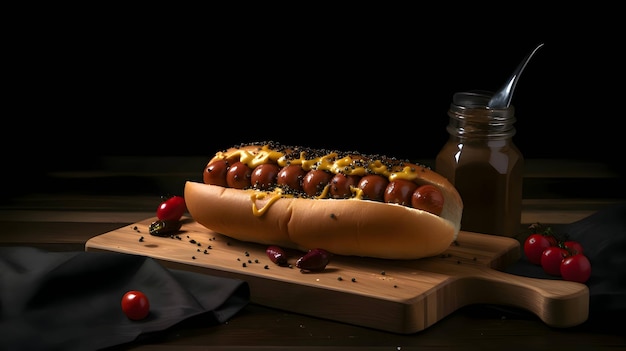 Hot dog with mustard ketchup cucumber and tomato on kitchen wooden board