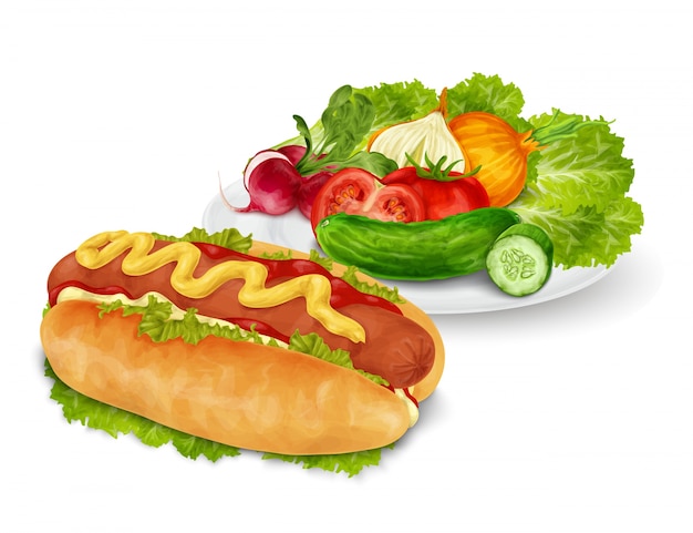 Vector hot dog with vegetables