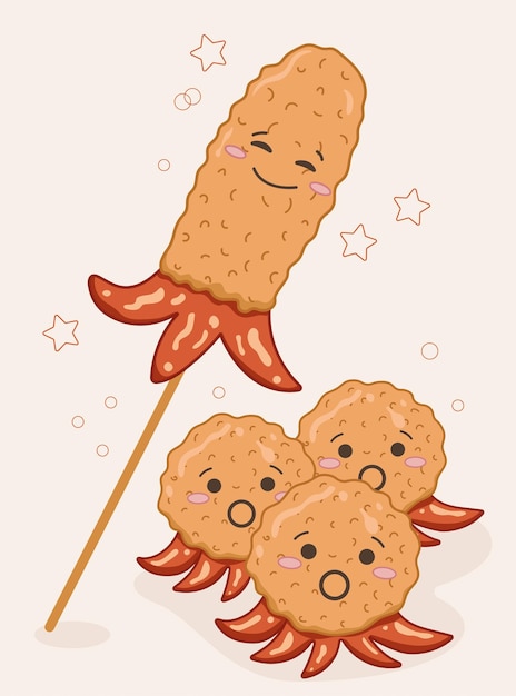 Hot dogs, octopus sausages, sausage breaded cute characters fast food .asian food, japanese food.