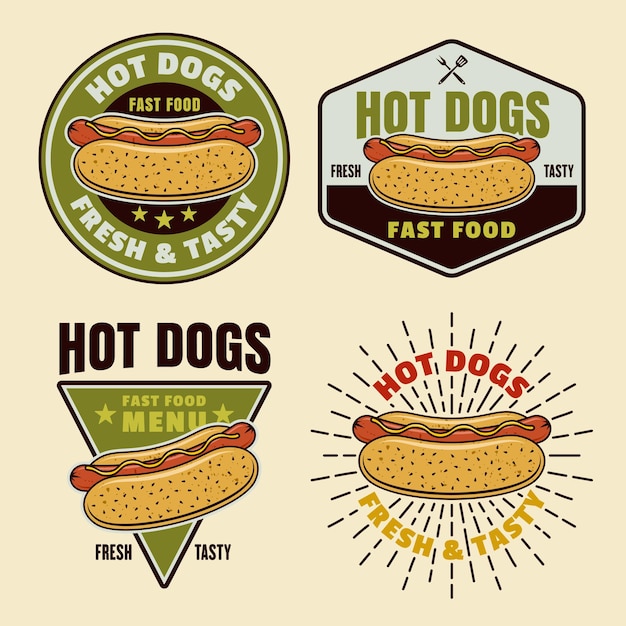 Set di hot dog di quattro emblemi colorati vettoriali, badge, etichette, adesivi o loghi in stile cartone animato su sfondo chiaro