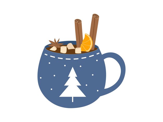 Hot drink in cup with marshmallows cinnamon and orange Winter cozy warm drink in mug