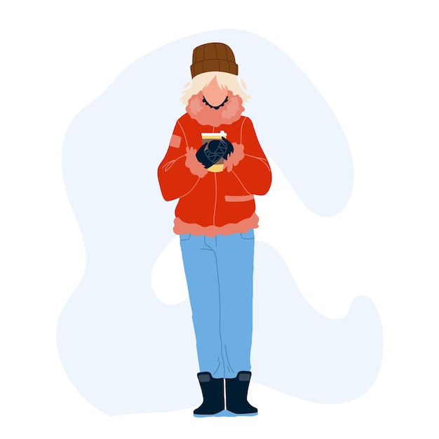 Горячий напиток питьевой женщина в векторе зимнего дня. молодая девушка носить теплую одежду сезона, держа чашку горячего напитка кофе или чая. характер потепления с напитком плоский мультфильм иллюстрации