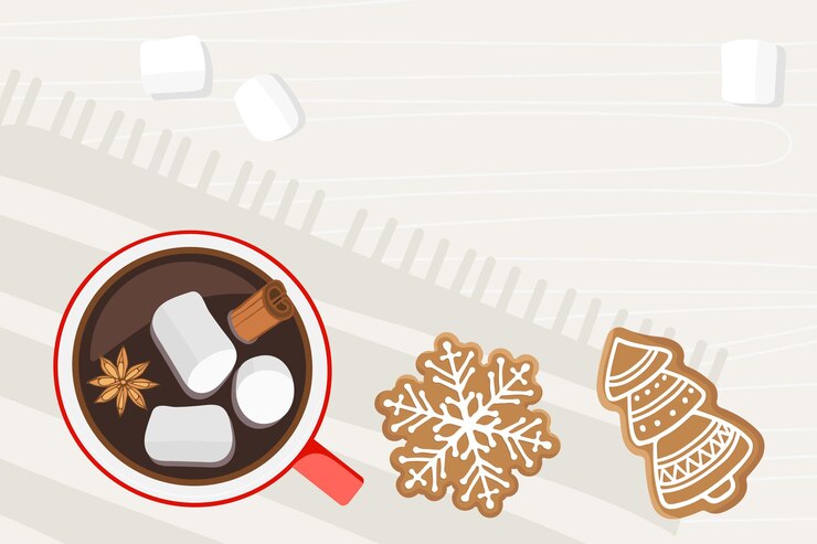 Vector hot drink red cup stands on napkin with christmas gingerbread hot chocolate or coffee