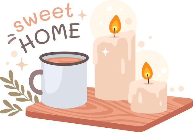 Vector hot drink with candles hygge composition