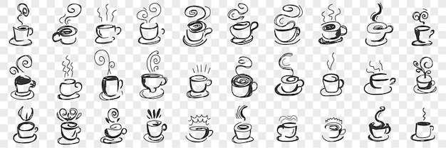 Hot drinks in cups doodle set. Collection of hand drawn hot tea, coffee, cocoa in mugs and cups for breakfast with flying steam isolated.