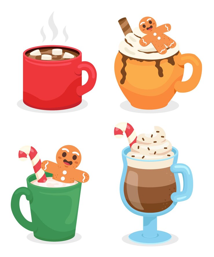 Vector hot drinks illustrations with cookies cream and marshmallow and decorations