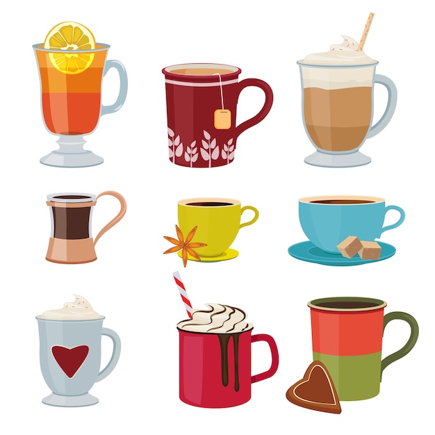 Hot drinks. warm mugs tea coffee cocoa mulled wine collection cartoon pictures.