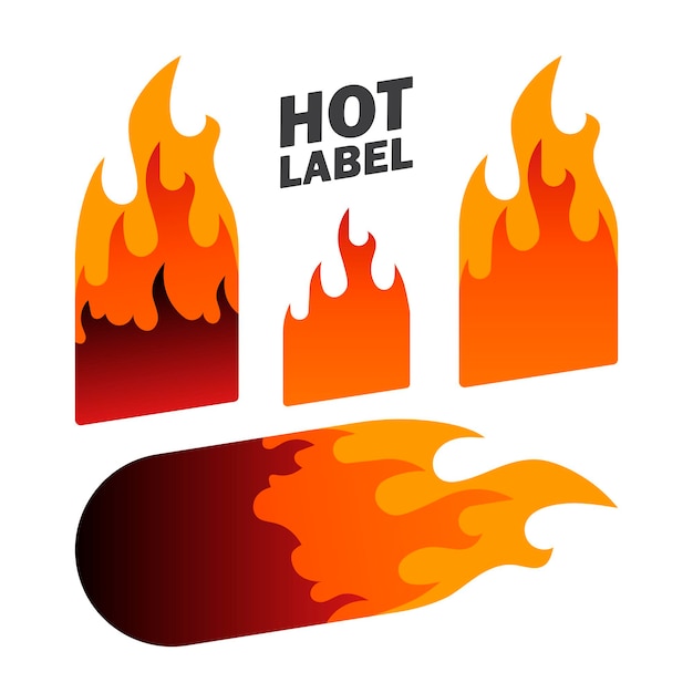 Vector hot fire label, promotion sign, price tag, hot sale, offer, hot discount. vector flat illustrations. set fiery and bright labels for advertising campaign on white backdrop.