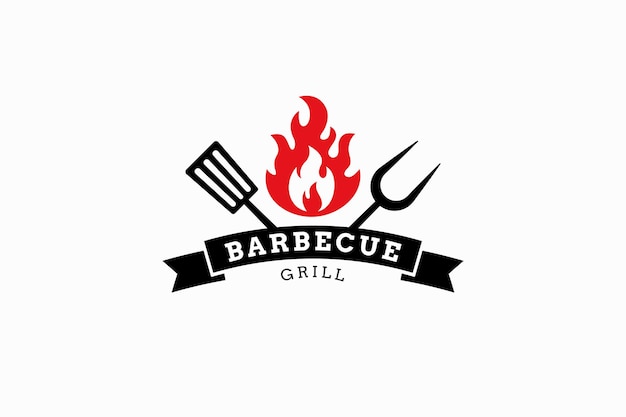 Vector hot grill barbecue spatula fork flame fire abstract element food kitchen outdoor logo restaurant